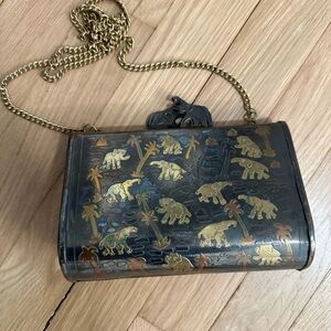 Vintage Elephant Print Brass/Copper Clutch with Chain